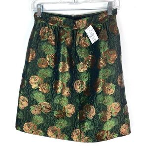 New J.Crew Sz 2 Green Floral Brocade Copper Metallic Short Skirt  Festive